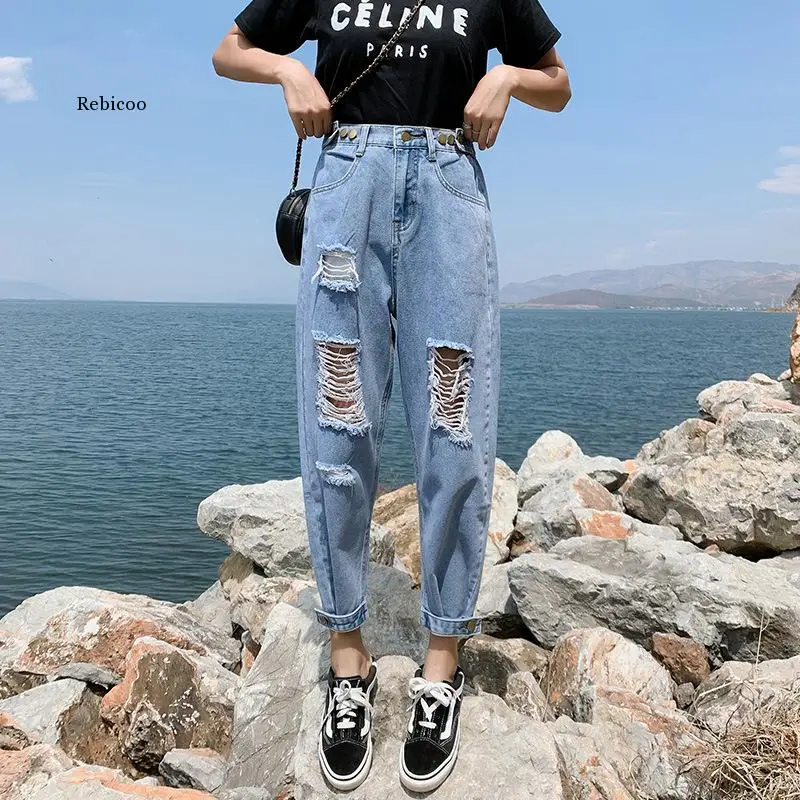 

Женские эластичные свободные джинсы с высокой талией, рваные джинсы для мам, женские узкие джинсы в стиле High Street, прямые брюки-карандаш
