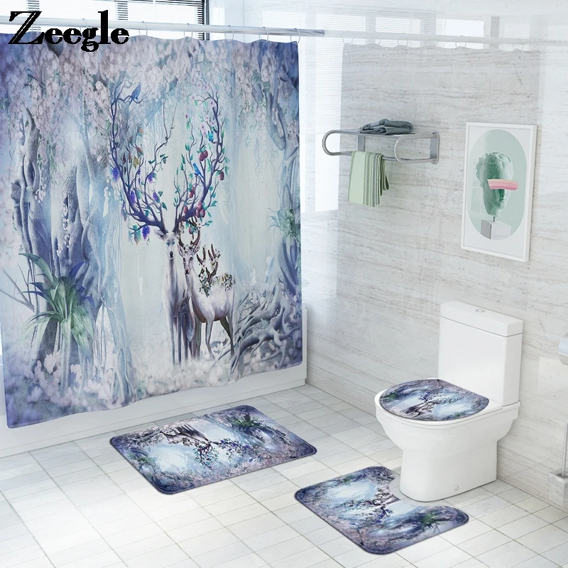 4PCS Bath Carpet Micorfiber Shower Curtain Non-slip Bathroom Mat Set Waterproof Bathroom Rug Set Anti Slip Foot Mat