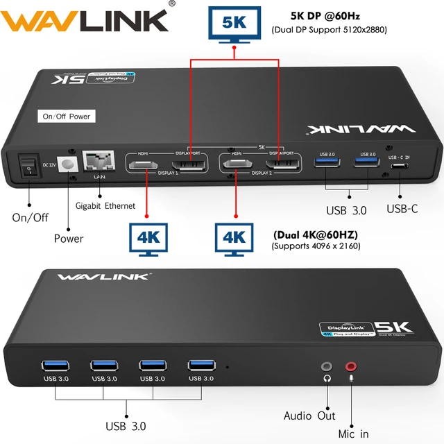 Универсальная док станция Wavlink USB 3,0, Двойная док станция 4K Ultra, док станция DP Gen1 Type C Gigabit Ethernet с зеркальным режимом видео