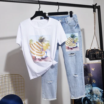 

2020 Summer New T shirt Women Set Fashion Sequin Loose Short Sleeve graphic T Shirts Tops Hole Jeans Two Piece Set Women D3622