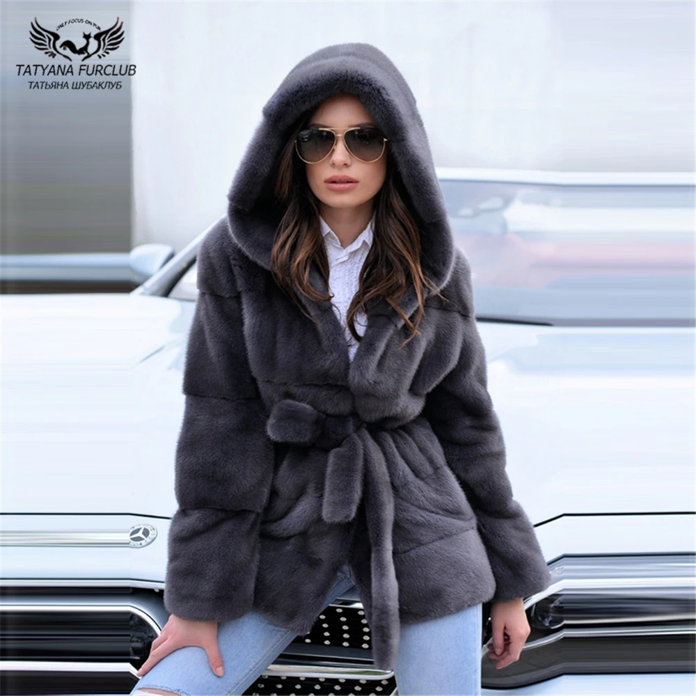 

Tatyana Furclub 2020 New Fashion Dark Grey Mink Coat With Fur Hood Fur Belt Winter Real Fur Coat Women Plus Size Slim Fur Style