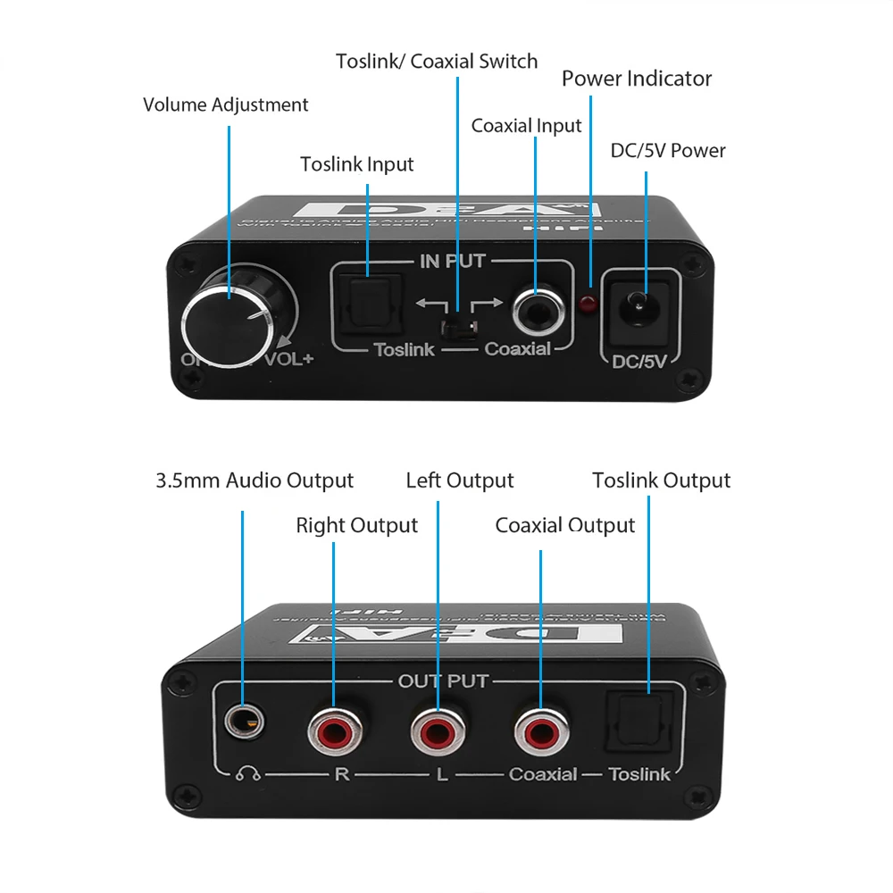 24 Bit Digital to Analog Converter 3 5 Jack RCA DAC Spdif Amplifier Decoder Optical Fiber Coaxial For Headphone With Volume Knob