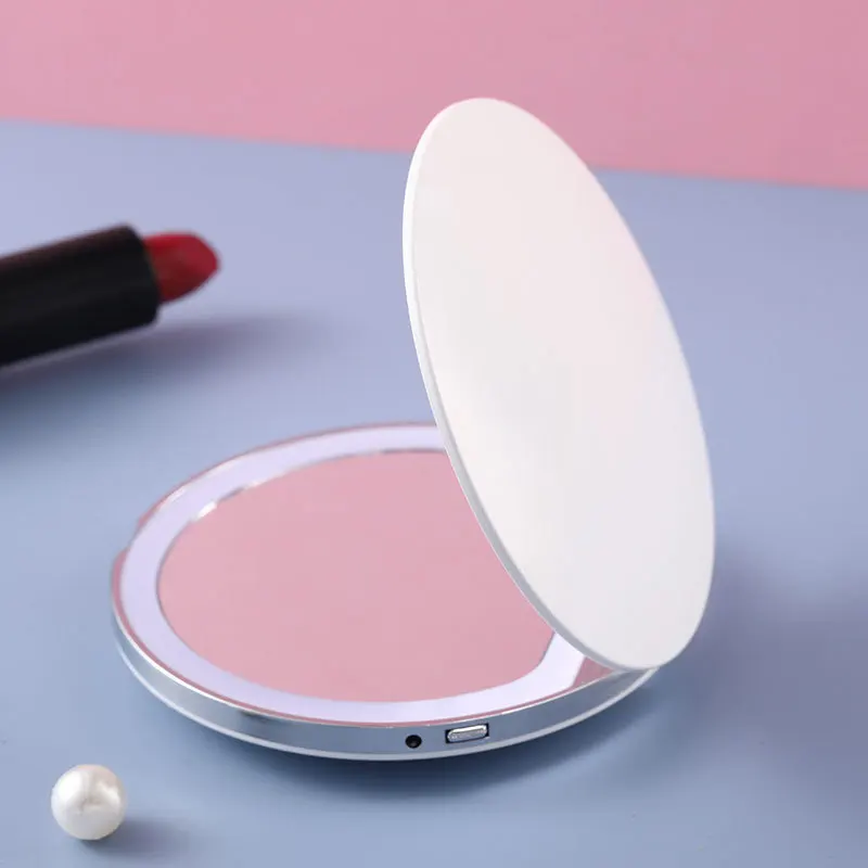 Portable Mini Makeup Mirror Compact Pocket USB Chargeable Two-side Folding Makeup Mirror with LED Light Cosmetic for Gift