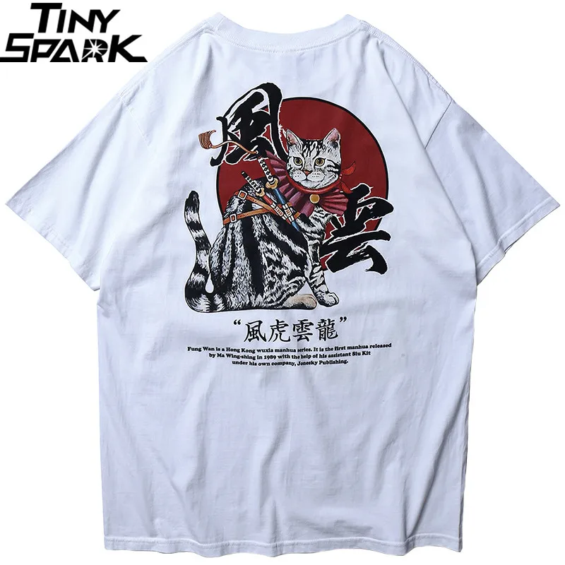 2019 Men Harajuku T Shirt Japanese Samurai Cat Tshirt Streetwear Hip Hop Summer Cool T-Shirt Short Sleeve Cotton Tops Tees White |
