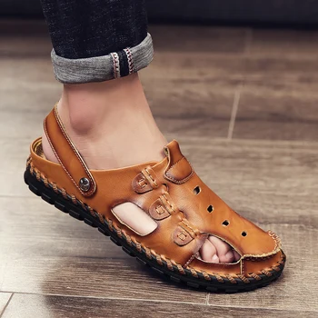 

Men Sandals genuine Leather Men Summer Outdoor Casual Shoes Breathable Slippers fashion sandals Male Beach Shoes big size 48