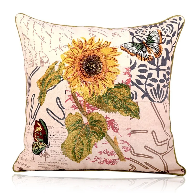 Красочная наволочка для подушки с вышитыми подсолнухами и бабочками, декоративная льняная наволочка, наволочка, домашнее украшение для дивана 45*45 см