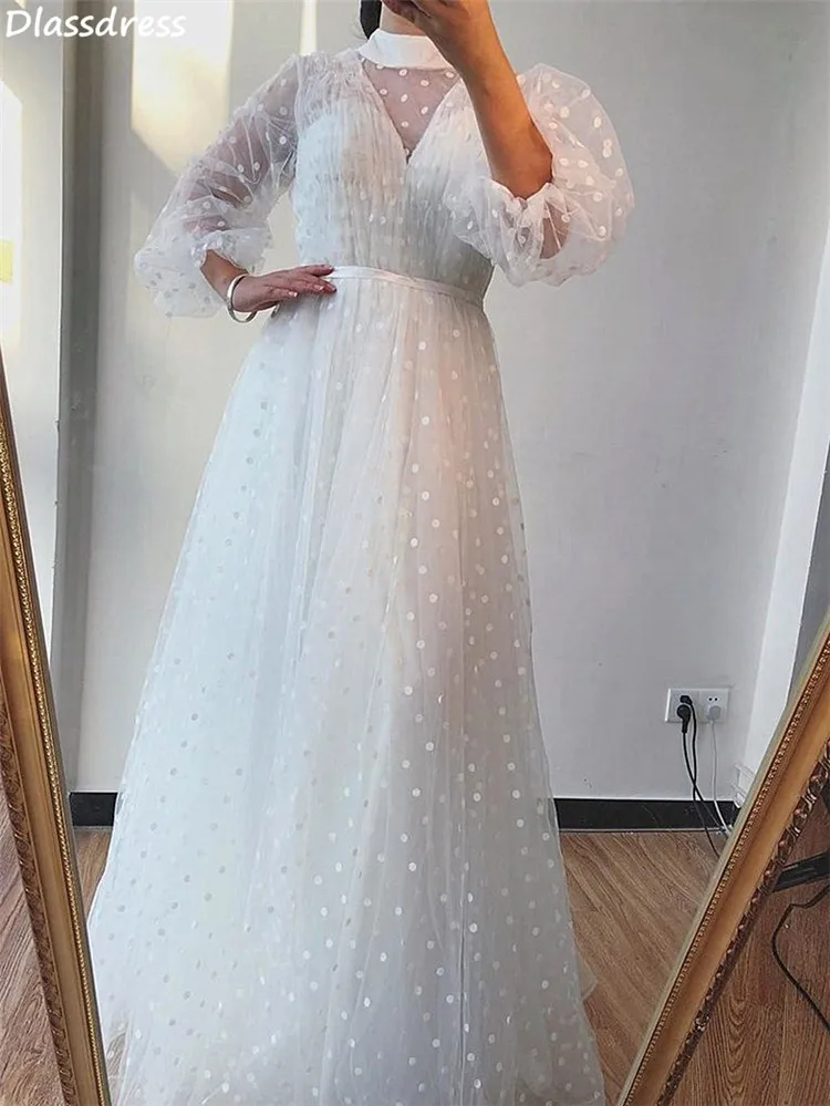 

Pure White Evening Dress A-line Simple Tulle High Neck Long Sleeves Floor Length For Wedding Prom Dress платья для выпускного