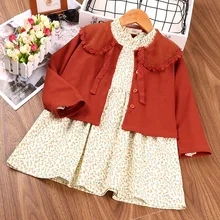 Robe de princesse à fleurs pour filles, ensemble mignon de printemps automne, col Peter Pan, simple boutonnage, manteau Orange à manches longues, costume deux pièces 
