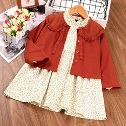 Bonito vestido de princesa floral conjunto primavera outono peter pan colarinho único breasted laranja casaco de manga longa vestido meninas terno de duas peças