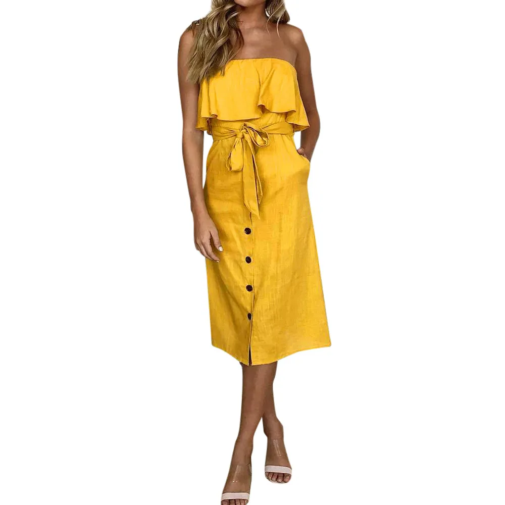 Women Dress Summer Women Button Off Shoulder Bardot Dress Ladies Summer Ruffle Belted Frill Dress Maxi Casual Dresses