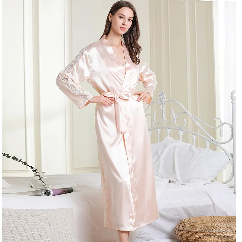 

Summer and Autumn New Long Style Imitation Silk Women's Hanging Dress Nightgown Two Piece Set Sexy Bathrobe Household Clothes