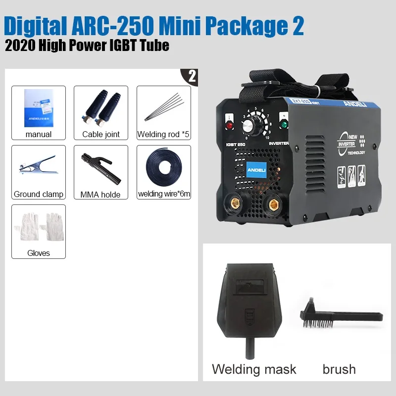 ANDELI ARC-250E 250A IGBT инвертор постоянного тока дуговой сварочный аппарат MMA сварочный аппарат для работы и электрической работы с аксессуарами - Цвет: Mini package 2