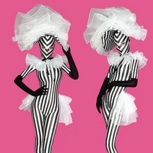 Полосатая сетка с длинным рукавом Комбинезон Ds Сексуальный ночной клуб Длинный черный облегающий цельный взрослый сценический костюм Комбинезон сценический наряд