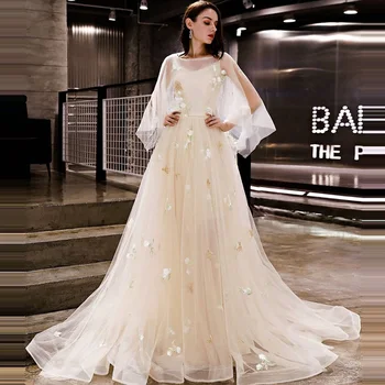 

Long Sleeves Evening Dress 2020 Royal Embroidery Illusion Formal Gown LX1286 Evening Dresses Elegant Court Train Robe De Soiree