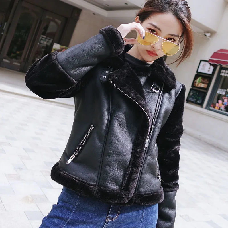 Искусственная овечья шерсть лайнер теплая зимняя кожаная куртка для женщин