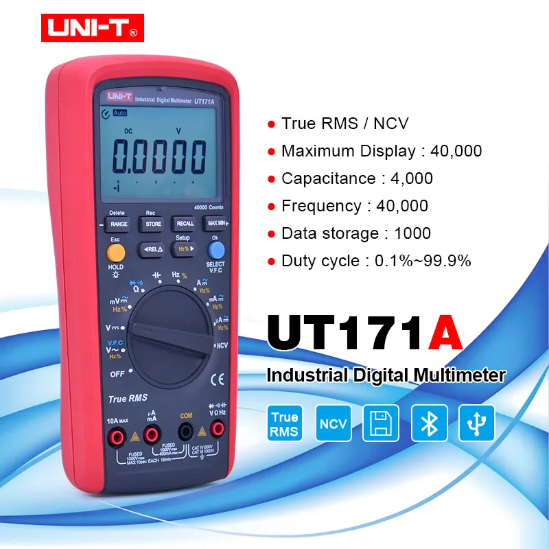 UNI T UT171A TRMS Цифровой мультиметр 40000 Граф AC DC аналоговый бар NCV VFC Ом Freq тестер USB/Bluetooth подключение хранения данных ETL