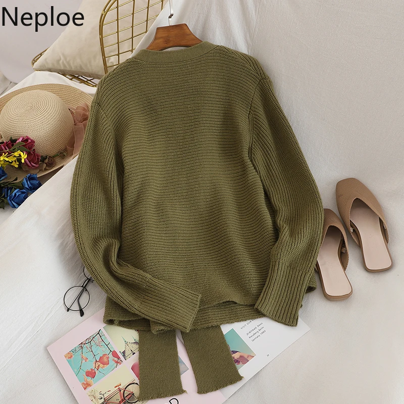 Neploe, v-образный вырез, тонкая талия, шнуровка, бант, однотонное Женское пальто, необычный дизайн, длинный рукав, кардиганы, свитер, свободная Осенняя верхняя одежда