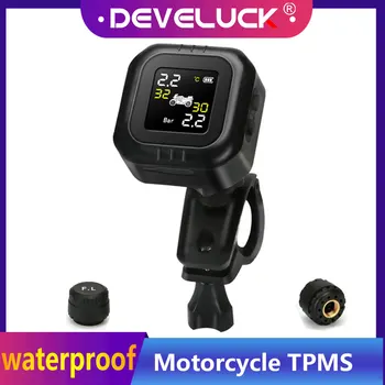 

TPMS Motorcycle Tire Pressure Monitor System LED color Display Alarm Temperature Warning with Two Sensors Handlebar Installation