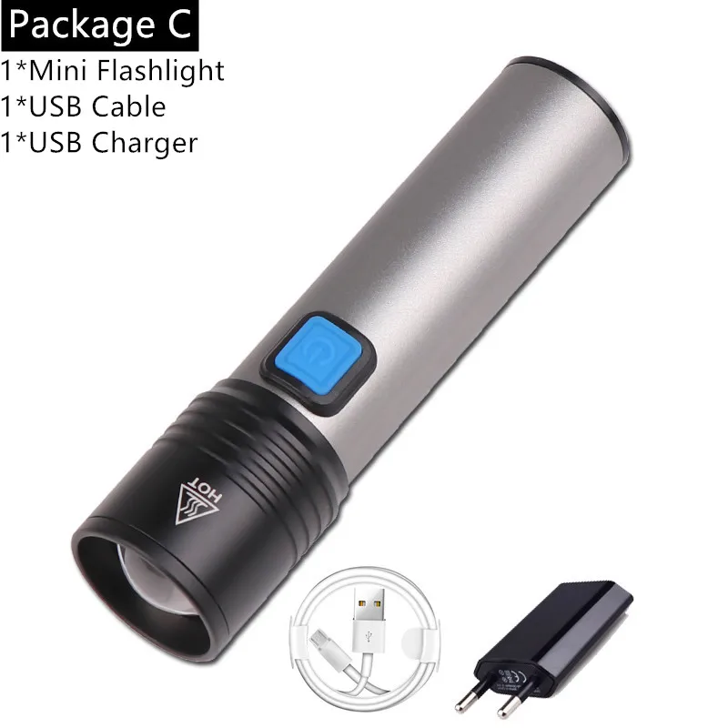 Мини-фонарик USB Перезаряжаемый фонарик водонепроницаемый фонарь T6 светодиодный фонарик Портативный зум-фонарик со встроенным аккумулятором - Испускаемый цвет: Package C