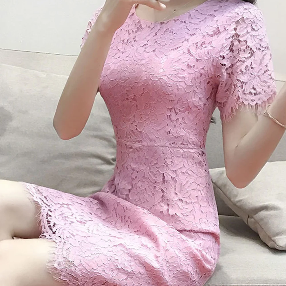 Summer Women fashion lace Dress Round Neckline Short Sleeves Crochet Lace Dress