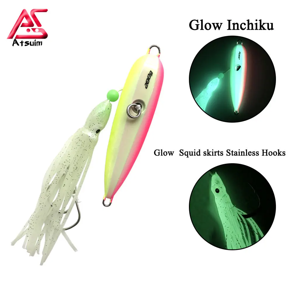 

AS Inchiku Slow Jig Bottom Ship Luminous Fishing Lures Metal and Octopus Skirt Squid Bait Assist Hook 100g 120g 150g 200g 250g