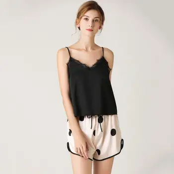 

Women's Sleepwear Sexy Satin Summer Sets V-neck Lacing Tops Circle Shorts Casual Loose Nightgown 2 pieces Pajamas Set Plus Size