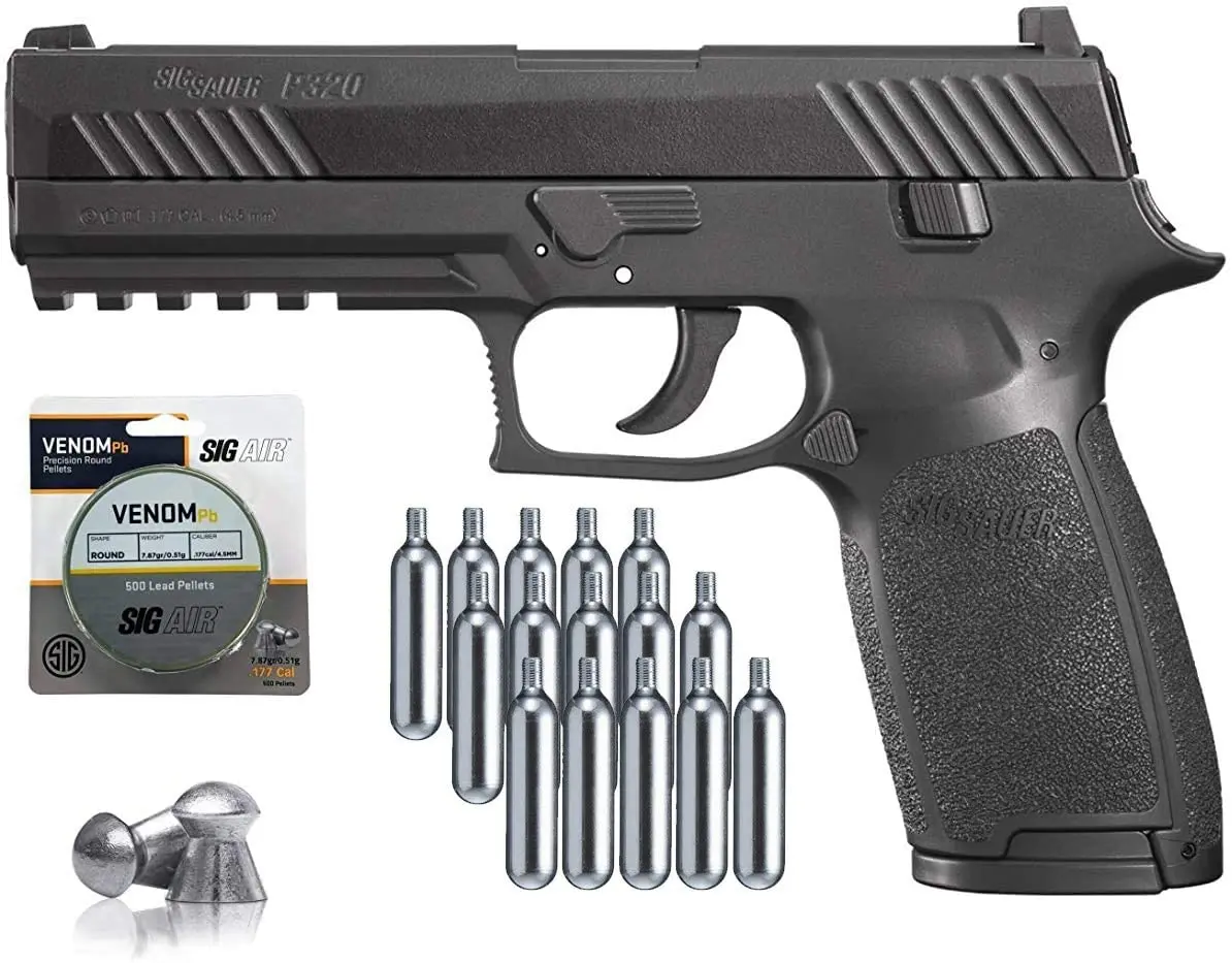 

SIG Sauer P320 Air Pistol with CO2 12 Gram (15 Pack) and 500 Lead Pellets Bundle Metal signs