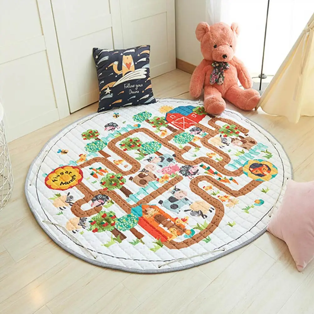 Детский игровой коврик, хлопковый мягкий развивающий коврик для младенцев, сумка для хранения, Детский ковер-пазл, круглый детский коврик с изображением животных - Цвет: WJ3535K