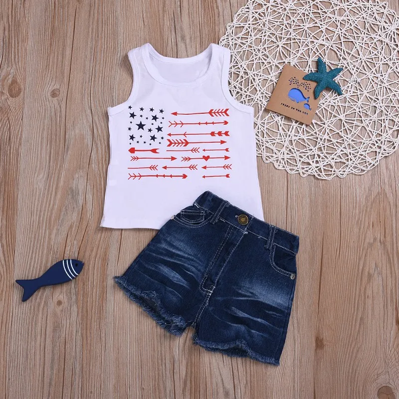 

Summer Baby Girls Casual Sleevless Outfits Sets Letter Print Vest Tops+Denim Shorts Suits