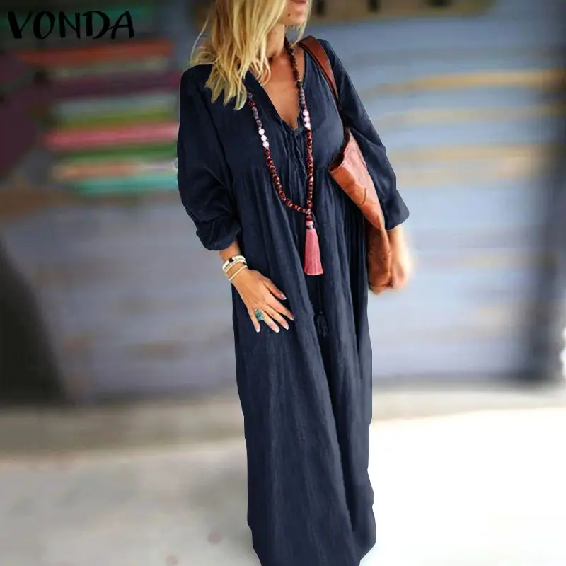 

VONDA 2020 Autumn Long Sleeve Dress Sexy V Neck Bohemian Maternity Dresses Casual Loose Solid Color Party Sundress Oversized 5XL