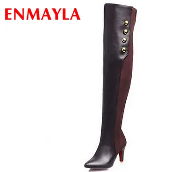 

ENMAYLA High Heels Over-the-Knee Boots Female Flock+ Pu Pointed Toe Sexy Thigh Boots Women Brown Black Apricot Long Boots
