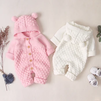 

Autumn Infant Baby Girls Long Sleeve Knitted Solid Print Hoodie Rompers Sweater Kids Boys Jumpsuit