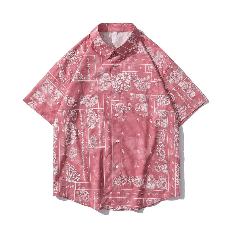 Men Shirt Short Sleeve 2021 New Arrival Summer Loose Male Shirt Thin Geometric Patterns Flowers Korean Style Red Blue Black S41