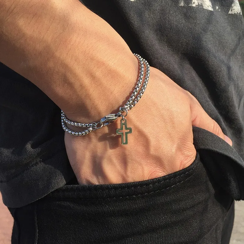 Pulsera De Acero Inoxidable Para Hombre Cadena Rolo De Doble Hebra Con 