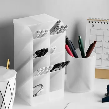 

Multi-function Round Desktop Pen Holder Plastic Office Desktop Storage Case Rectangle Pen Box Make up Brush Lipsticks Organizer