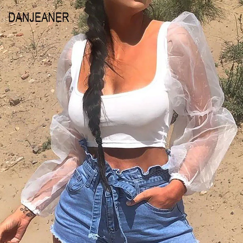 

DANJEANER Sexy Low-cut Casual Blouse Tops Mesh See-through Solid Blouse Women Puff Sleeve U neck Short T Shirts Plus Size