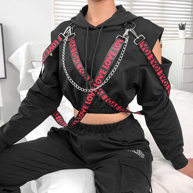 Rapwriter Casual Metal Chain Patchwork Letter Ribbon Long Sleeve Hoodies Women Fall Winter Black Harajuku Pullover Crop Top