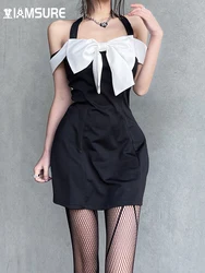 IAMSURE Vestido corto ajustado sin mangas para mujer, prenda Sexy con lazo en contraste y cuello Halter, corte en A, estilo coreano, verano 2021