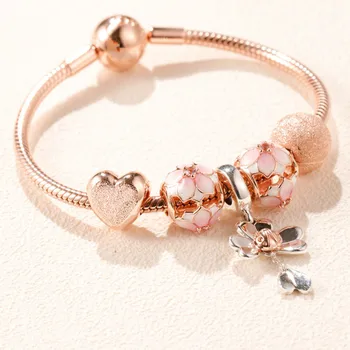 

Authentic 925 Sterling Silver Original Rose Harmonious Hearts Pan Bracelet Set Clear CZ Fit Women Bangle Charm DIY Jewelry