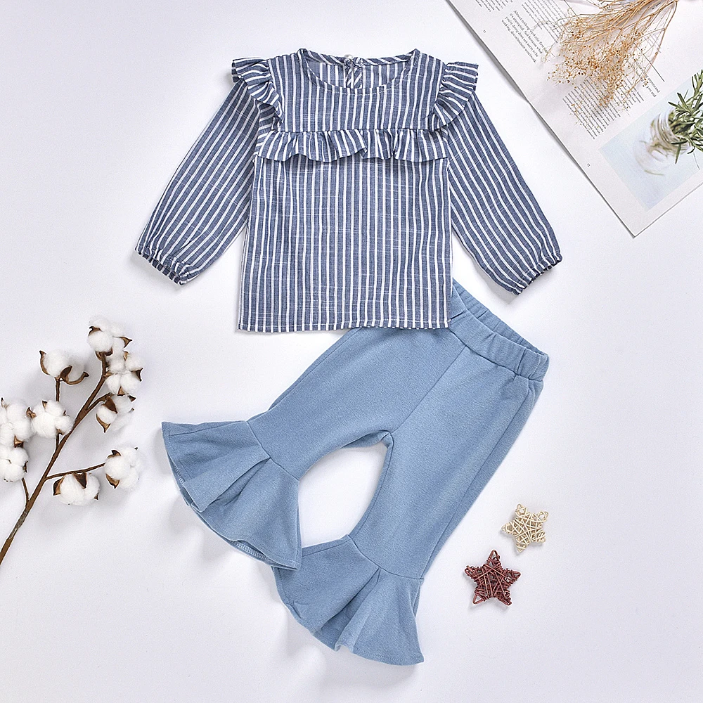 CYSINCOS 2020 New Toddler Baby Girls Clothes Kids Striped Fly-Sleeve Top Bell Flared Flannel Pants Spring Fashion Clothing Set