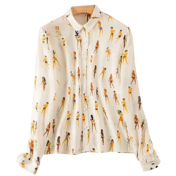 

Women Shirt 2019 Early Autumn Playful Childlike Print New Dancing Villain Silk Long-sleeved Shirt Women