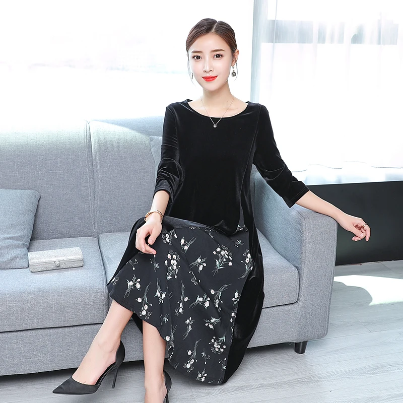 

Large size Velvet dress autumn 2019 new Korean version of the high-end medium and long temperament base slimming women's skirt