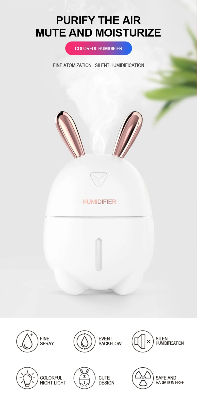 300ML Air Humidifier Cute Rabbit Ultra-Silent USB Aroma Essential Oil Diffuser Office Car Humidificador Air Purifier Mist Maker
