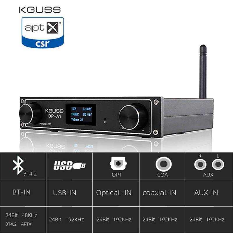 

KGUSS DP-A1 Digital Bluetooth 4.2 CSR64215 Amplifier USB/Optical/Coaxial/AUX Input TAS5352A 24Bit/192KHz 120w*2