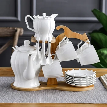 

European-style Wooden Frame Cup Hanging Sun Flower Ceramic Coffee Tea Set Restaurant Household Bone China Coffee Cup Pot Set