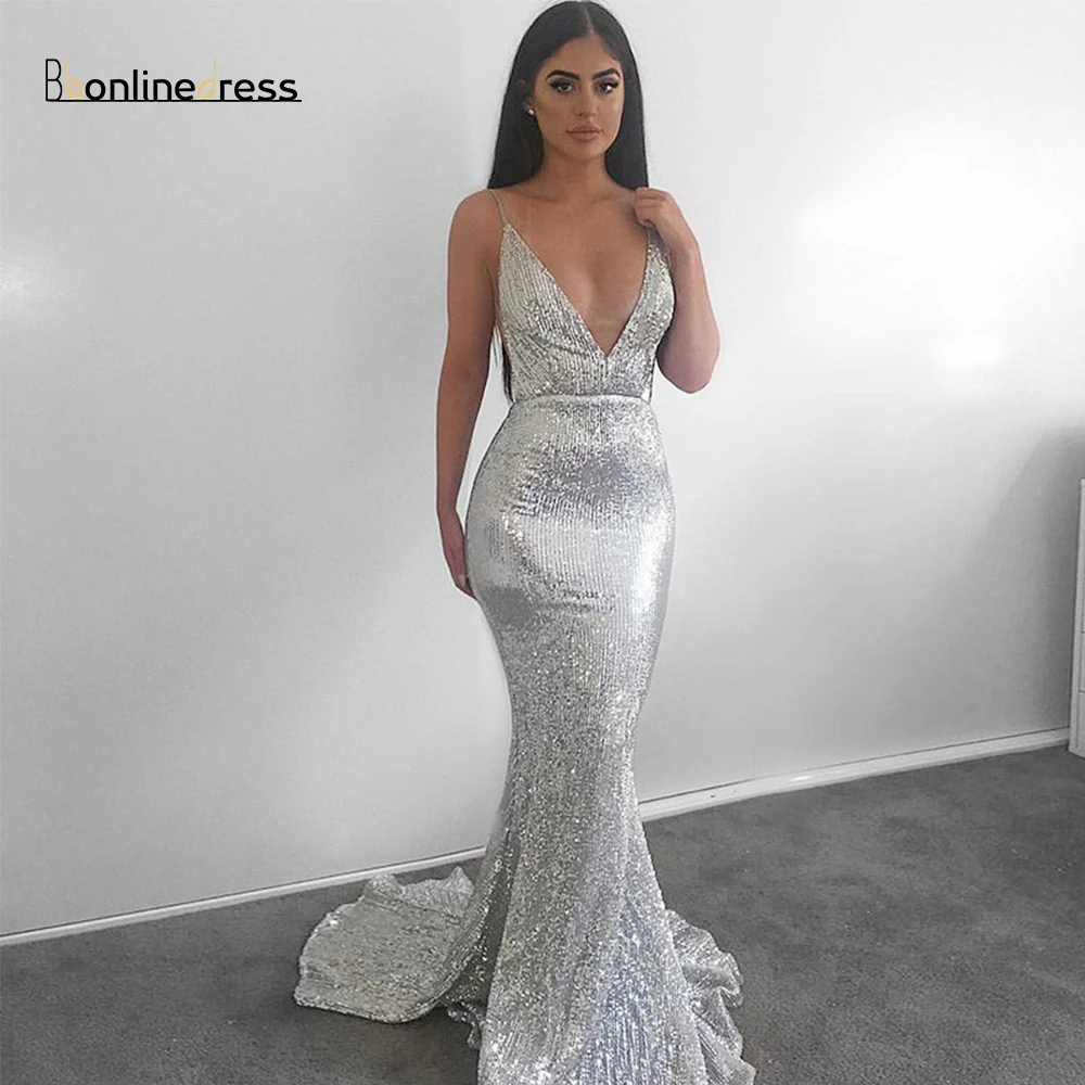 

Party-Dress Silver Mermaid Evening Dress Spaghetti Strap Backless Evening Dresses Long Formal Gowns Vestido de festa Longo