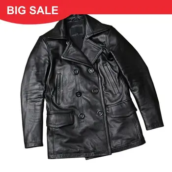 

2020 Black Men Long Casual Leather Jacket Double Breasted Large Size 5XL Genuine Cowhide Russian Autumn Natural Leather Coat
