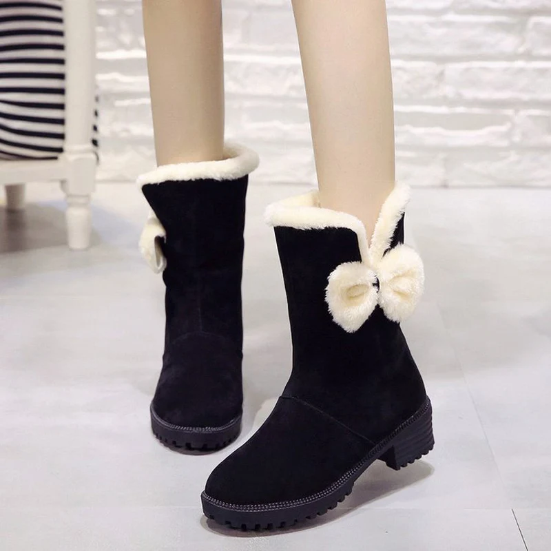 E TOY WORD Winter snow boots female bow-knot Middle tube boots 2019 new warm plus women shoes thick heel fashion cotton shoes