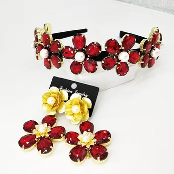 

Women's Wedding Tiara and Earrings, Red-gold With Inlaid And Baroque Ornament, Hair Hoop With Earrings, Wedding Accessory