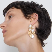 Vodeshanliwen ZA искусственный жемчуг серьги-гвоздики серьги для женщин модные металлические листья массивные большие серьги новые аксессуары